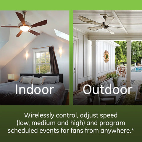 Indoor and outdoor ceiling fans connected to Z Wave Plus In Wall Smart Fan Speed Controller With 3 Speed Settings High Medium Low In Wall Switch For Ceiling Fans Includes White And Light Almond Paddles Hub Required Plays Nice With SmartThings Wink And Alexa.
