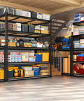 Heavy Duty Five Tier Garage Shelving Unit, 3080 Lbs Capacity, 24 Inch Deep Warehouse Shelves For Totes And Gear, Sturdy Steel Racking With Flat Overhang Free Shelves And Easy Assembly, loaded with totes