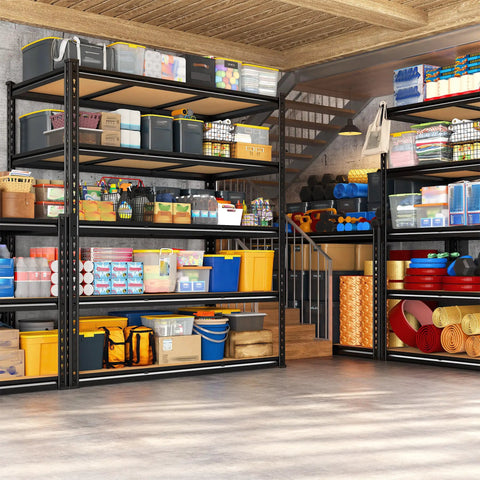 Heavy Duty Five Tier Garage Shelving Unit, 3080 Lbs Capacity, 24 Inch Deep Warehouse Shelves For Totes And Gear, Sturdy Steel Racking With Flat Overhang Free Shelves And Easy Assembly, loaded with totes