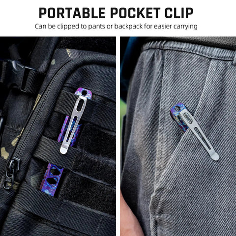 Titanium EDC Pry Bar Keychain Multitool Pocket Tool With Bottle Opener clipped to pants and backpack