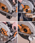 Rage Four Workhorse Seven And A Quarter Inch TCT Multipurpose Chop Saw cutting steel, wood, aluminum, and plastic