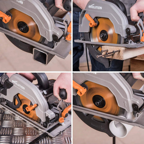 Rage Four Workhorse Seven And A Quarter Inch TCT Multipurpose Chop Saw cutting steel, wood, aluminum, and plastic
