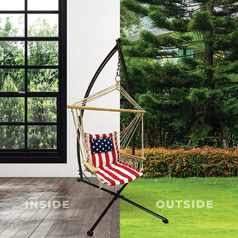 Cozy Hammock Chair With Armrest Support Indoor Outdoor Rope Swing 12 Pattern Options Breathable Fabric Red White And Blue Colorway