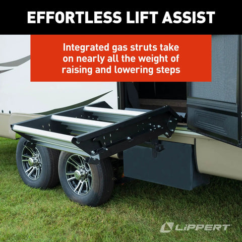 Quad RV Entry Steps 4.0 Premium With Lift Assist Gas Struts 30 Inch Wide Step XL Top Tread 8 Inch Rise on RV camper