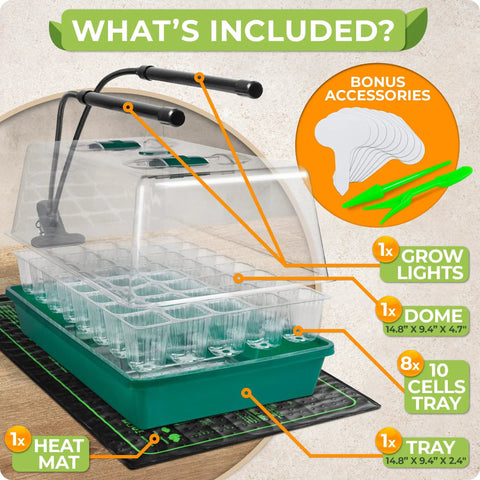 All In One Seed Starter Kit With Grow Lights And Heating Mat 40 Cell Germination Tray With Humidity Dome and accessories