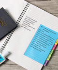 Neon Sticky Notes Set 410 Pack with 150 Neon Index Tabs and Divider Pads on open notebook with text for planning organization
