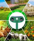 Solar Powered Yard Animal Deterrent With Motion Sensor Ultrasonic Cat Fox Raccoon Rabbit Squirrel Coyote Repeller Waterproof Outdoor Pest Guard For Garden Lawn Farm 2 Pack shown in garden, lawn, orchard and chicken coop