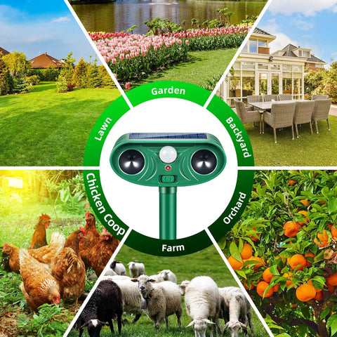 Solar Powered Yard Animal Deterrent With Motion Sensor Ultrasonic Cat Fox Raccoon Rabbit Squirrel Coyote Repeller Waterproof Outdoor Pest Guard For Garden Lawn Farm 2 Pack shown in garden, lawn, orchard and chicken coop