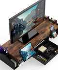 Dual Monitor Desk Riser With Drawer In Rustic Brown, Built In Phone Holder, Customizable Organizer Tray With Dividers, Side Caddies For Extra Storage, Keeps Your Home Office Setup Clean And Ready.