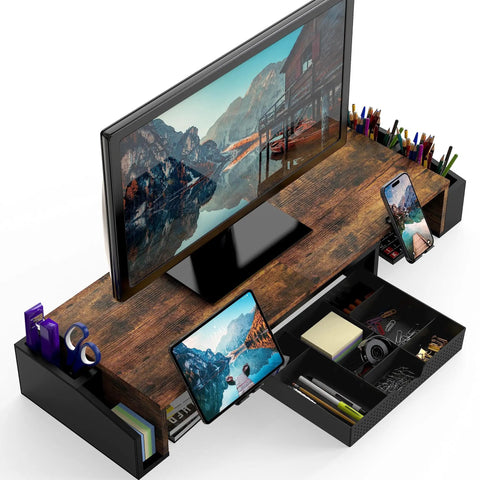 Dual Monitor Desk Riser With Drawer In Rustic Brown, Built In Phone Holder, Customizable Organizer Tray With Dividers, Side Caddies For Extra Storage, Keeps Your Home Office Setup Clean And Ready.