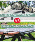 Comparison of durable polyester cloth and vinyl composite cloth covers for picnic table; focus on Picnic Table Cover With Bench Covers Set For 72x30 Inch Table And 72x12 Inch Benches, Elastic Waterproof Fitted Tablecloth In Wood Grain Pattern, Easy Carry Outdoor RV Picnic Gear For Travel And Camping.