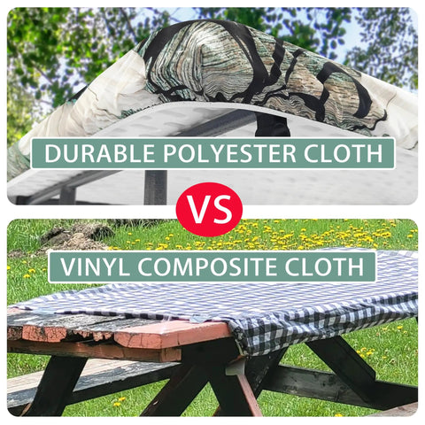 Comparison of durable polyester cloth and vinyl composite cloth covers for picnic table; focus on Picnic Table Cover With Bench Covers Set For 72x30 Inch Table And 72x12 Inch Benches, Elastic Waterproof Fitted Tablecloth In Wood Grain Pattern, Easy Carry Outdoor RV Picnic Gear For Travel And Camping.