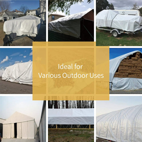 Collage of weatherproof 6x8 feet tarp cover 5 mil poly tough as nails waterproof multi purpose tarp used in various outdoor settings