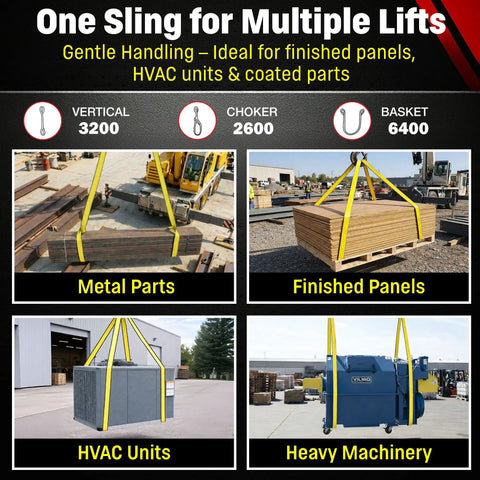 Image showcasing Heavy Duty 1 Inch By 3 Foot Nylon Eye And Eye Rigging Sling Straight Up Built Tough For 3200 Lb Vertical Lifts with various lifting applications.