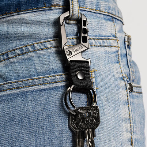 Heavy Duty Key Chain With Bottle Opener, Tough Car Keychain Set Featuring Metal Snap Hook Carabiner Clip, Dual Key Rings on jeans