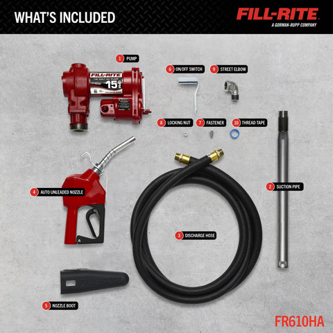 Heavy Duty Cast Iron Fuel Transfer Pump With Automatic Nozzle And Discharge Hose, 15 Gallons Per Minute 115 Volt Motor components laid out.