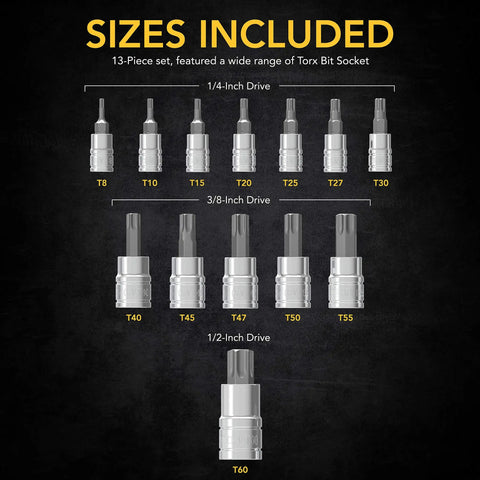 Image of Torx Bit Socket Set 13-Piece Premium S2 Alloy Steel Bits T8 Through T60 with Chrome Vanadium Sockets chart.