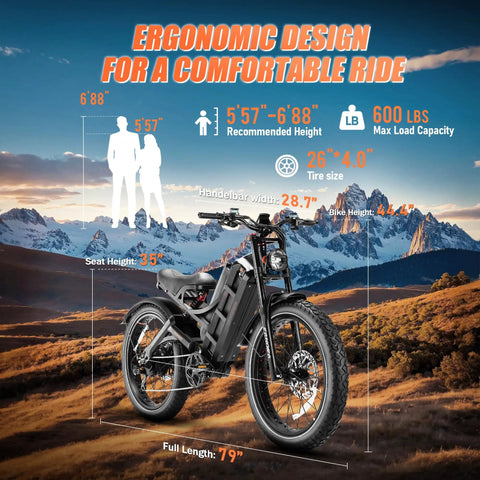 Built Different 3000W Electric Bike Rolling At 42 MPH With 100 To 200 Mile Range Powered By 60V 70Ah Battery Featuring 26 Inch Fat Tires And Full Suspension For Adult Riders with ergonomic design details