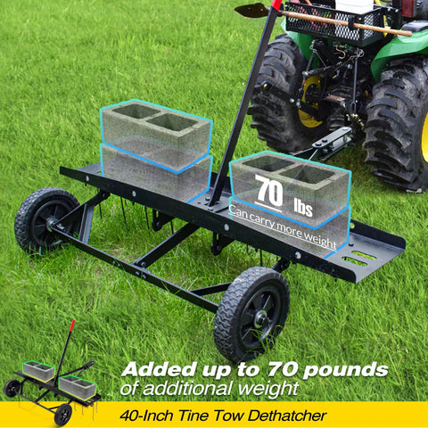 40 Inch Tow Behind Dethatcher With 20 Spring Steel Tines for Thick Lawns attached to tractor, showing weight capacity