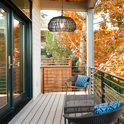 1 Light Outdoor Indoor Plug In Pendant Light With Black Woven Fabric Shade, Matte Black Finish on cozy patio