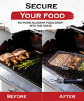 Comparison of meat and veggies on grill before and after using Grill Basket Set For Barbecue Lovers, Stainless Steel Camp Rack.