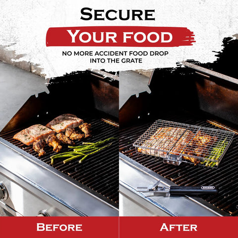 Comparison of meat and veggies on grill before and after using Grill Basket Set For Barbecue Lovers, Stainless Steel Camp Rack.