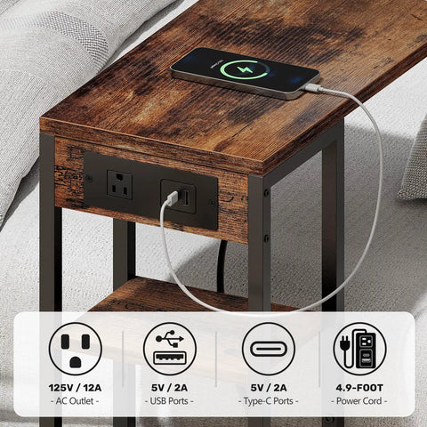 C Shaped End Table With Charging Station For Sofa And Living Room, USB and AC ports on rustic brown surface