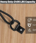 Heavy Duty D Ring Tie Down Anchor showing 2400 lbs capacity, rust-proof, and corrosion-proof use for truck bed and trailer.