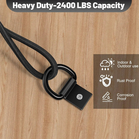 Heavy Duty D Ring Tie Down Anchor showing 2400 lbs capacity, rust-proof, and corrosion-proof use for truck bed and trailer.