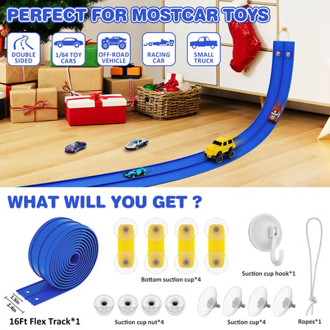 Ultra Flexible 16 Ft Roll Up Race Car Ramp Track With Suction Cups for Portable Diecast 1/64 Cars in a living room setup.