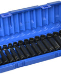Three Eighths Inch Drive Deep Length Metric Master Socket Set 26 Piece With Six Point Sockets Ranging 7mm To 19mm In Standard And Deep