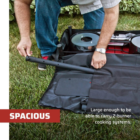 Person packing a two-burner stove into a carry bag for two burner stoves heavy duty case with weather resistant liner.