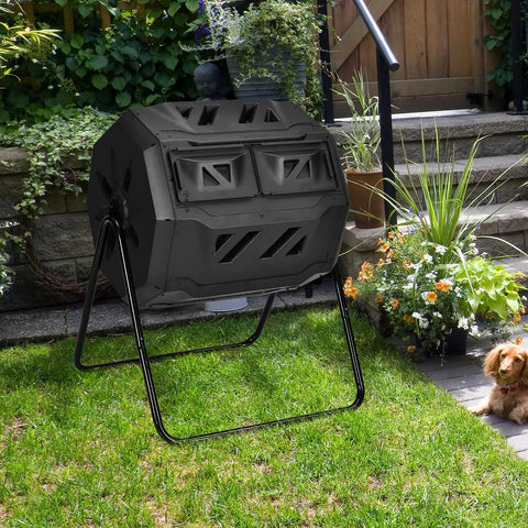 Dual Chamber Outdoor Compost Tumbler With 43 Gallons Capacity 360 Degree Rotating Barrel in a garden setting