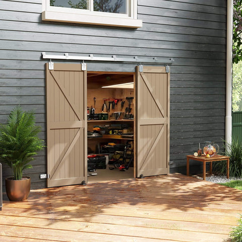 12 Foot Box Rail Exterior Barn Door Hardware Kit For Two Doors System Go To Sliding Track In Silver installed on wooden shed