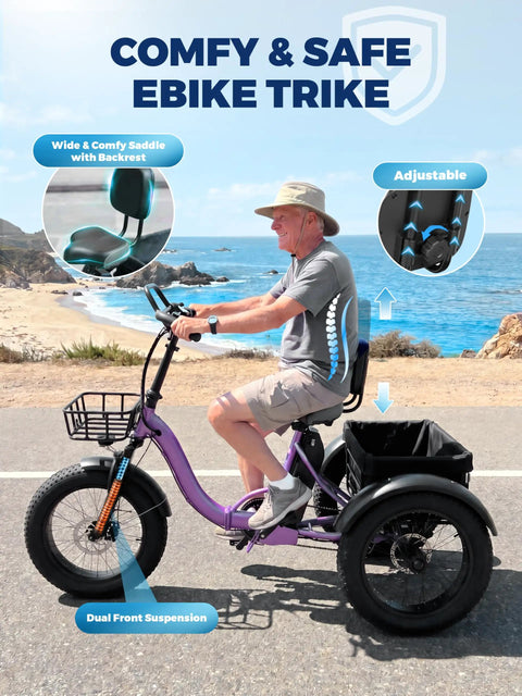 Three Wheel Electric Trike For Adults With Fat 20 By 4 Inch Tires 1200W Peak Motor 998Wh Battery Butterfly Handlebar Backrest Seat Storage Bag Go To Ride For Seniors Commuting And Shopping Purple, side view