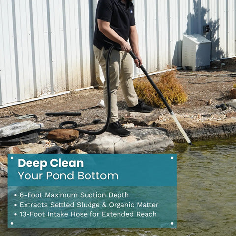 Person using 1400 Watt Pond Vacuum With 13 Ft Intake Hose Four Tubes Three Nozzles And Bag for cleaning pond bottom.
