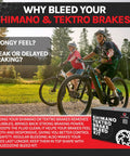 Two cyclists riding mountain bikes, promoting All In One Hydraulic Brake Bleed Kit With Mineral Oil For Shimano And Tektro Brakes.