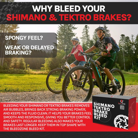 Two cyclists riding mountain bikes, promoting All In One Hydraulic Brake Bleed Kit With Mineral Oil For Shimano And Tektro Brakes.