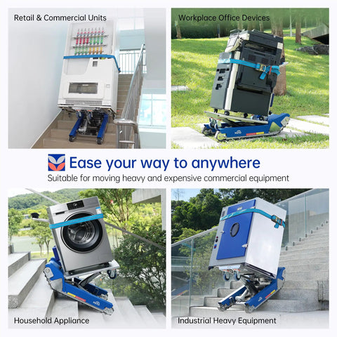 Heavy Duty Electric Stair Climbing Dolly Robot With Smart AI Navigation And LiDAR For Auto Balancing All Terrain Material Handling Plus 925lbs Load Capacity moving a washing machine upstairs.