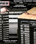 Person holding magnetic socket holder set against toolbox, displaying sockets secured on the drive organizers