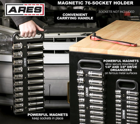Person holding magnetic socket holder set against toolbox, displaying sockets secured on the drive organizers