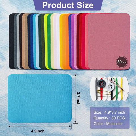 Iron On Patch Kit With 30 Multicolor Patches, 3.7 By 4.9 Inches, product size shown with color variety and repair tools