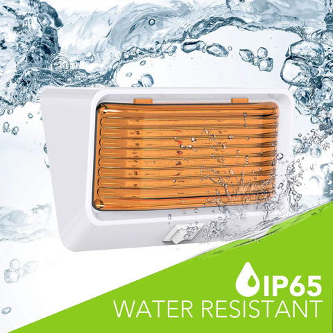 Rugged 12V LED RV Exterior Porch Light With Switch, durable design, white base, clear and amber lens, water-resistant feature