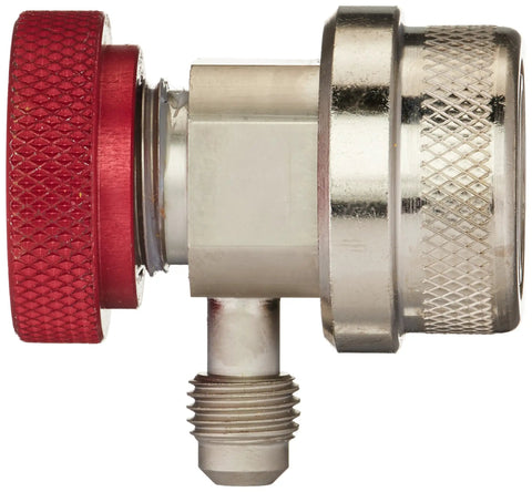 Side view of R134a High Side Coupler One Quarter Inch Male Flare Quick Connect for AC Service Ports, silver and red, metal construction.