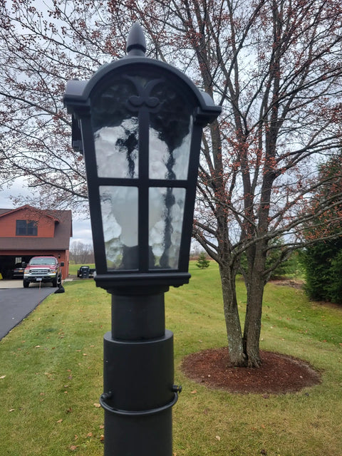 Two Pack 17 Inch Outdoor Post Light Fixtures With Motion Sensor And Dusk To Dawn, Black Pillar Lantern with glass diffuser in yard