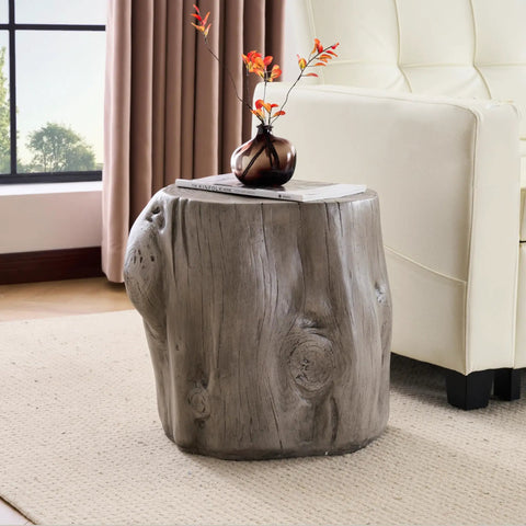 Super Sleek Tree Stump Side Table For Your Backyard Vibes And Indoor Lounge Setup Featuring Realistic Concrete Finish Totally Dope Accent Table For Modern Patio Or Cozy Living Room Space In Antique Grey