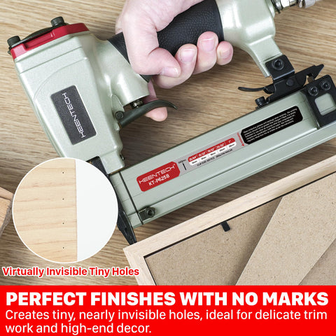 Pneumatic Pin Nailer 23 Gauge Headless Micro Pinner For Cabinets And Interior Decor shown with wood finish and pins.