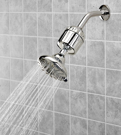 Universal High Output Shower Filter With Chlorgon Filtration Chrome Low Profile attached to shower head, water flowing