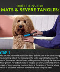 2-In-1 Dematting Grooming Tool For Dogs Prone To Matting With Built-In Finishing Comb Dual-Width Blades On Each Side And Curved Edges For Effortless Detangling Tangles And Smooth Fur. Used on a curly dog