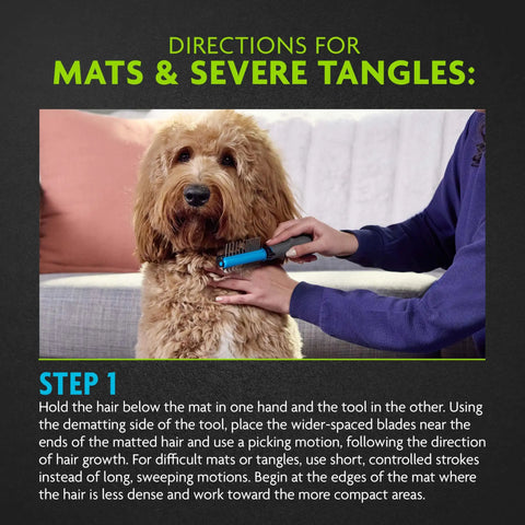 2-In-1 Dematting Grooming Tool For Dogs Prone To Matting With Built-In Finishing Comb Dual-Width Blades On Each Side And Curved Edges For Effortless Detangling Tangles And Smooth Fur. Used on a curly dog